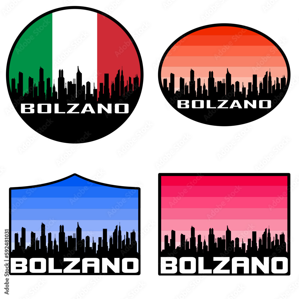 Bolzano Skyline Silhouette Italy Flag Travel Souvenir Sticker Sunset Background Vector Illustration SVG EPS AI