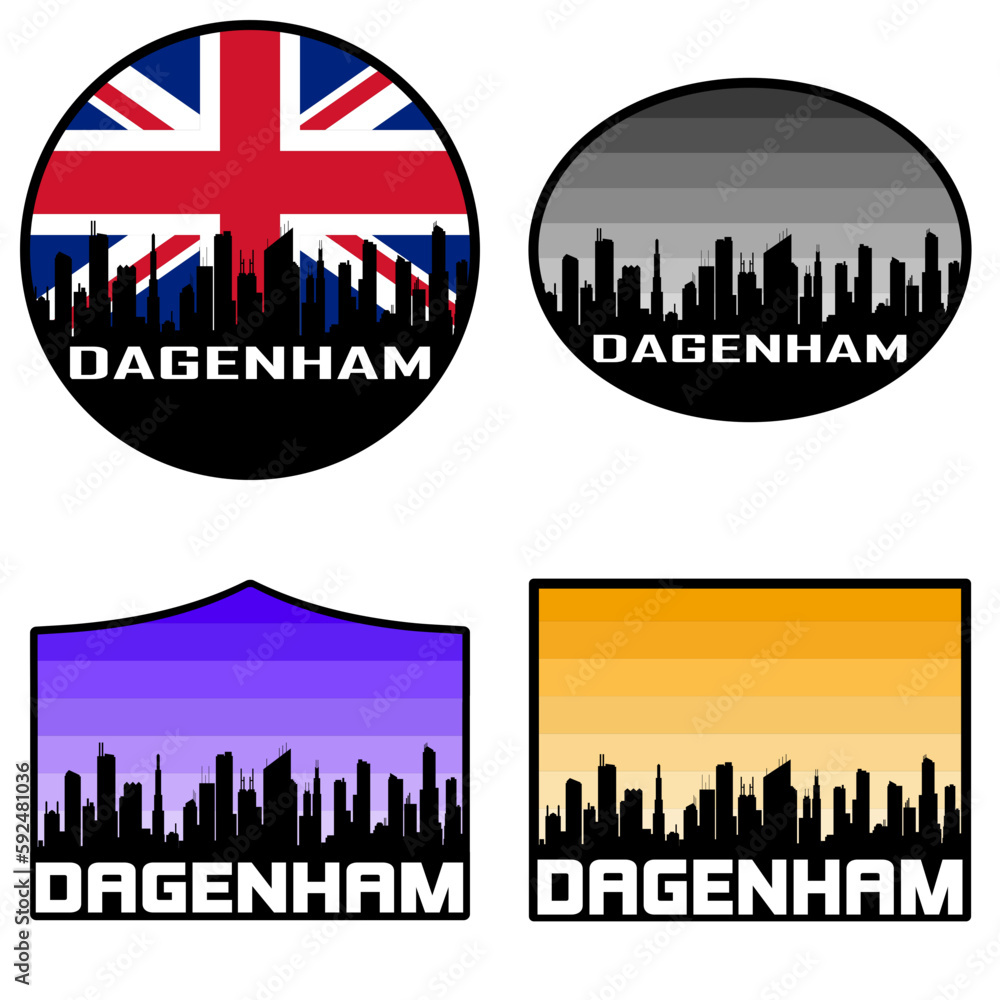 Dagenham Skyline Silhouette Uk Flag Travel Souvenir Sticker Sunset Background Vector Illustration SVG EPS AI