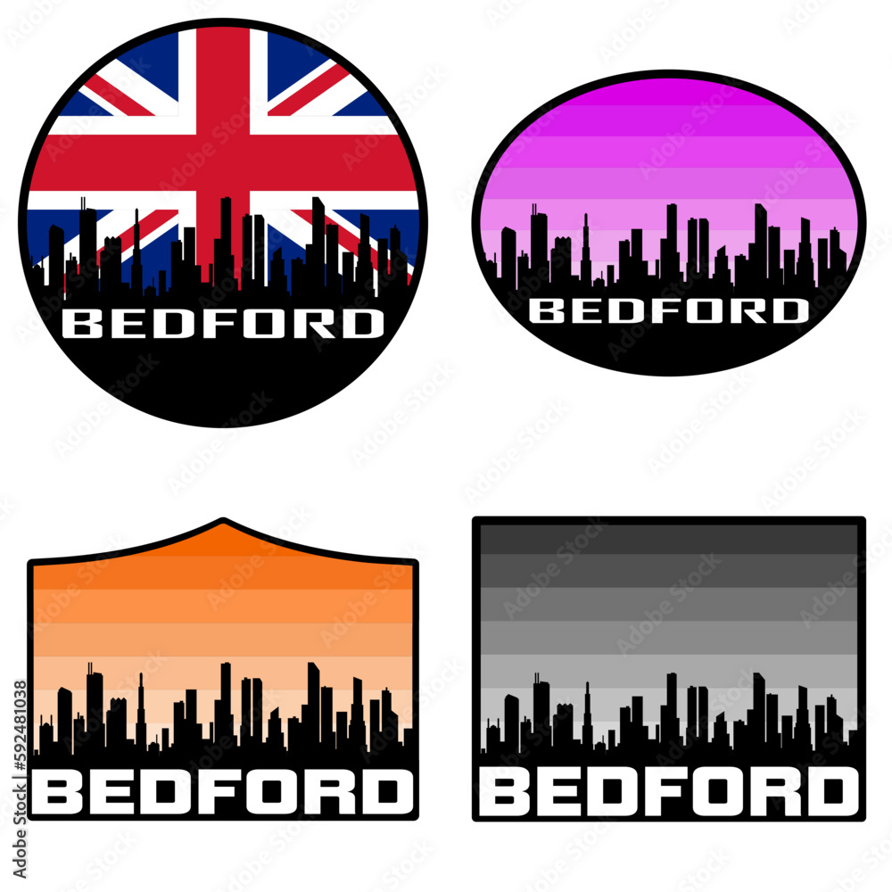 Bedford Skyline Silhouette Uk Flag Travel Souvenir Sticker Sunset Background Vector Illustration SVG EPS AI