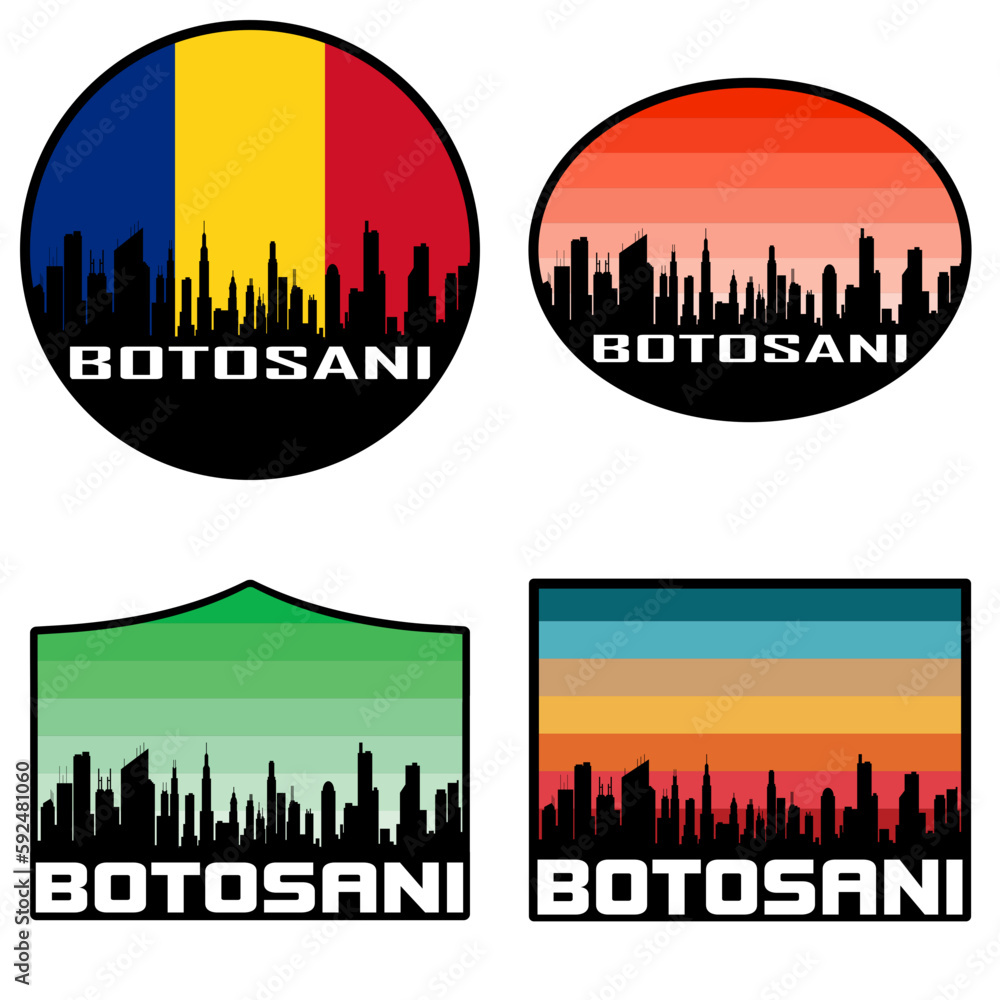 Botosani Skyline Silhouette Romania Flag Travel Souvenir Sticker Sunset Background Vector Illustration SVG EPS AI