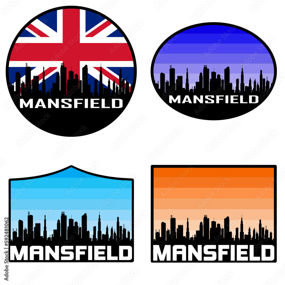 Mansfield Skyline Silhouette Uk Flag Travel Souvenir Sticker Sunset Background Vector Illustration SVG EPS AI