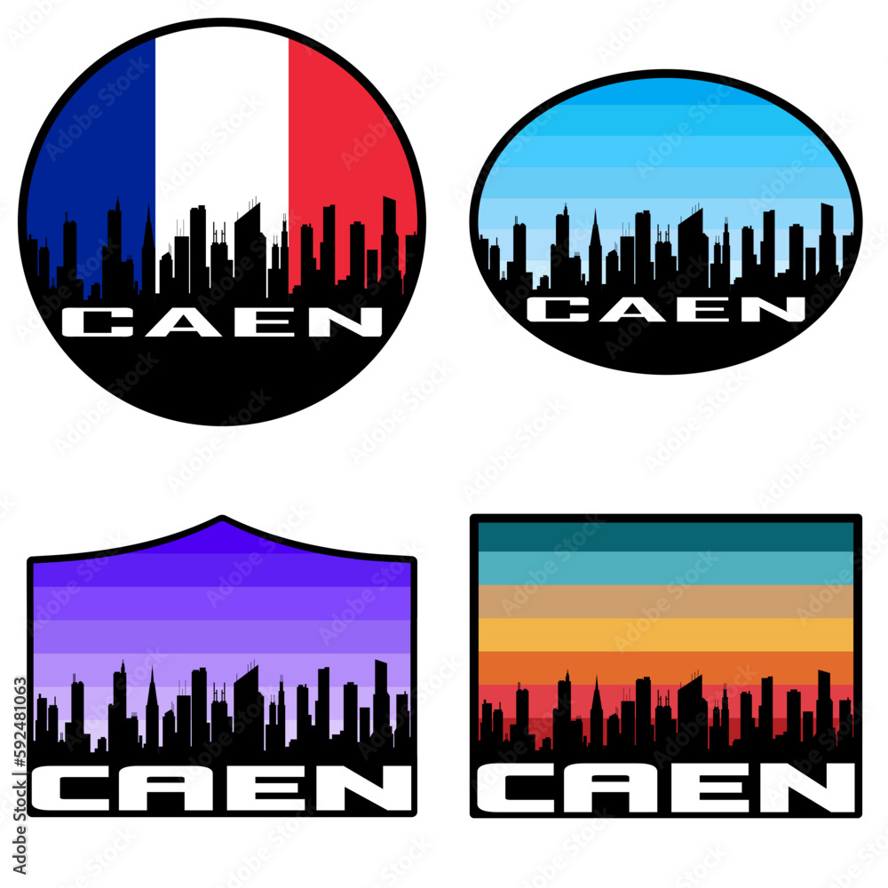 Caen Skyline Silhouette France Flag Travel Souvenir Sticker Sunset Background Vector Illustration SVG EPS AI