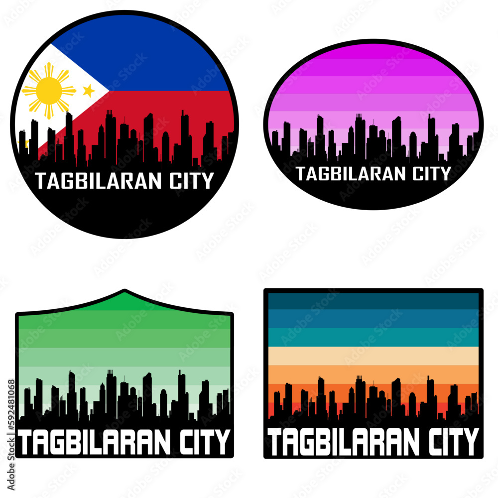 Tagbilaran City Skyline Silhouette Philippines Flag Travel Souvenir Sticker Sunset Background Vector Illustration SVG EPS AI