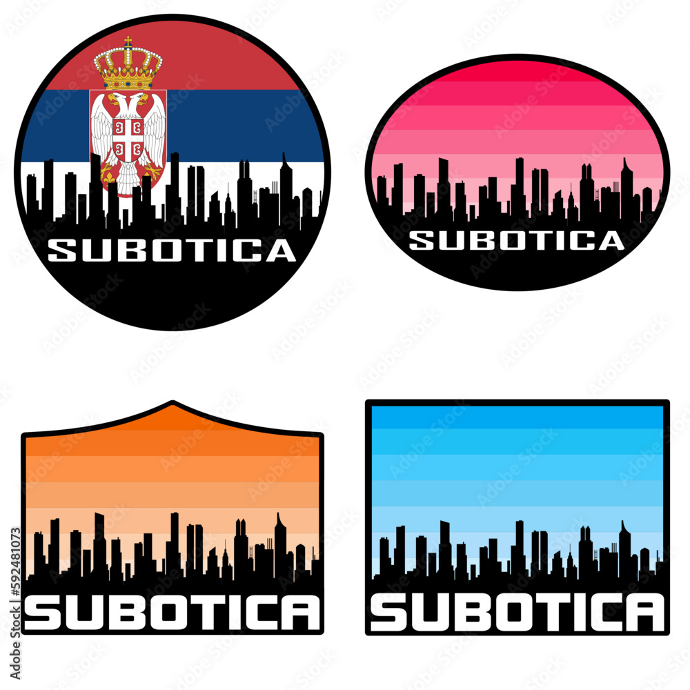 Subotica Skyline Silhouette Serbia Flag Travel Souvenir Sticker Sunset Background Vector Illustration SVG EPS AI
