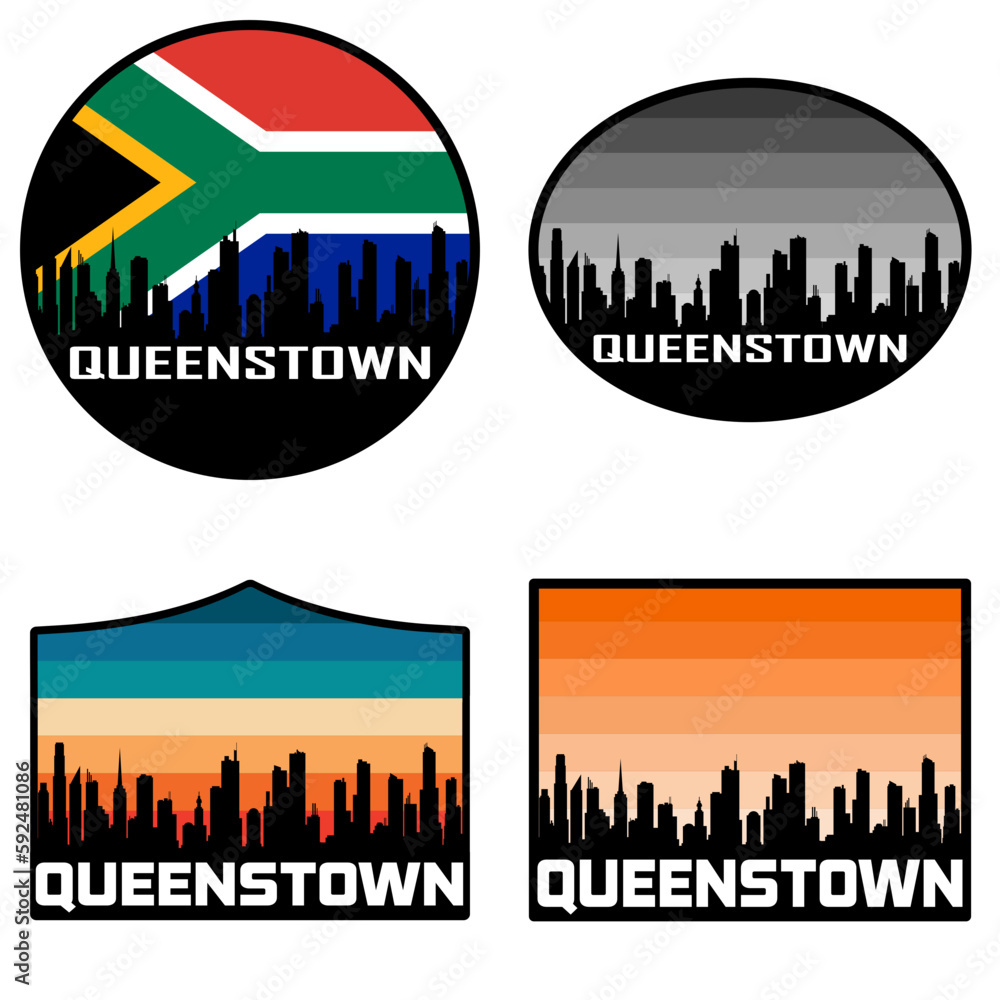 Queenstown Skyline Silhouette South Africa Flag Travel Souvenir Sticker Sunset Background Vector Illustration SVG EPS AI