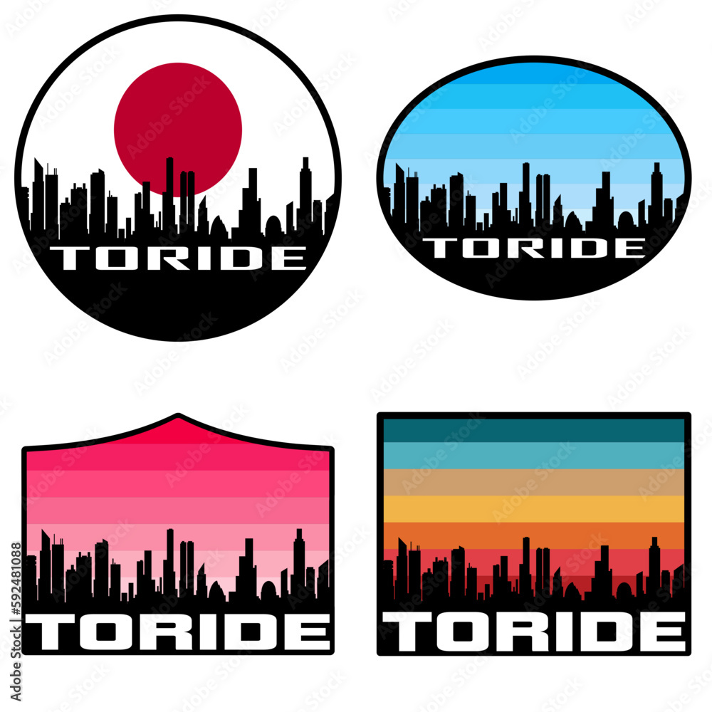 Toride Skyline Silhouette Japan Flag Travel Souvenir Sticker Sunset Background Vector Illustration SVG EPS AI