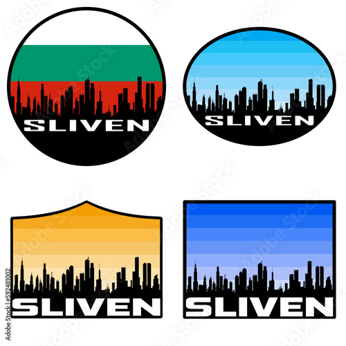Sliven Skyline Silhouette Bulgaria Flag Travel Souvenir Sticker Sunset Background Vector Illustration SVG EPS AI