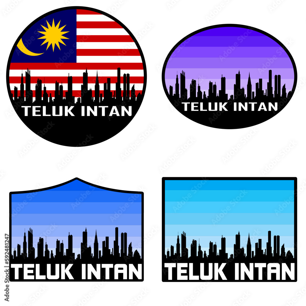 Teluk Intan Skyline Silhouette Malaysia Flag Travel Souvenir Sticker Sunset Background Vector Illustration SVG EPS AI