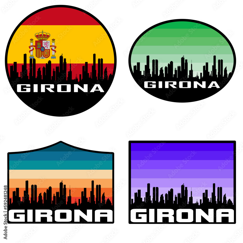 Girona Skyline Silhouette Spain Flag Travel Souvenir Sticker Sunset Background Vector Illustration SVG EPS AI