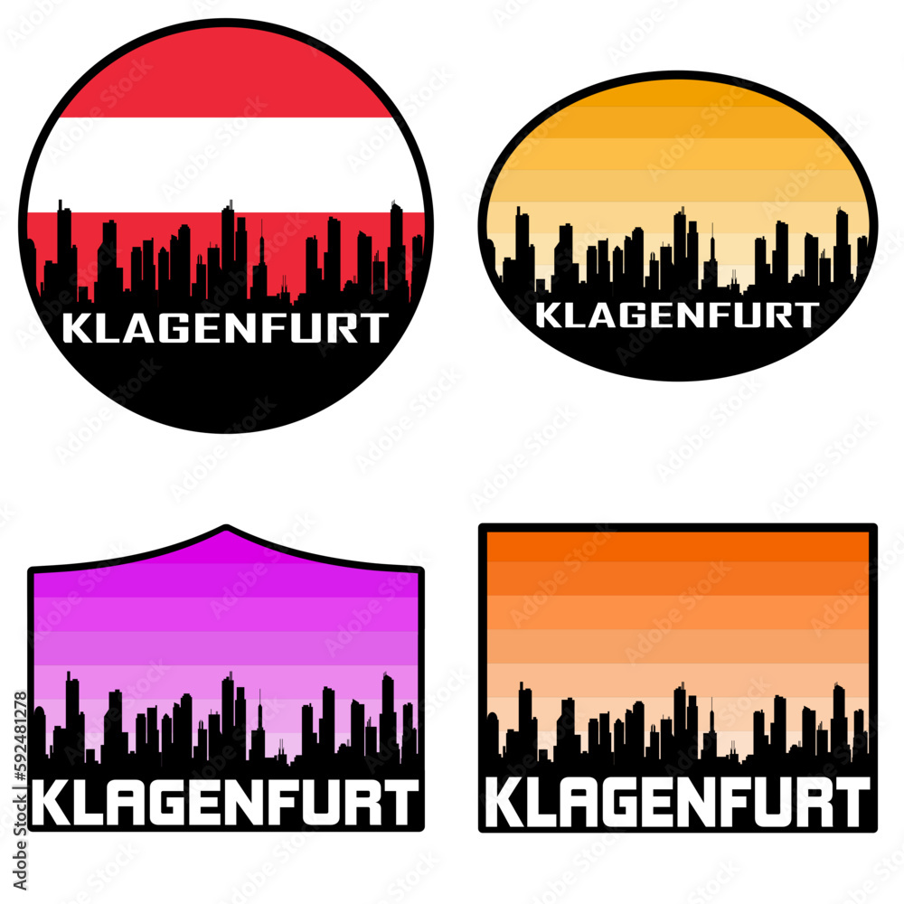 Klagenfurt Skyline Silhouette Austria Flag Travel Souvenir Sticker Sunset Background Vector Illustration SVG EPS AI