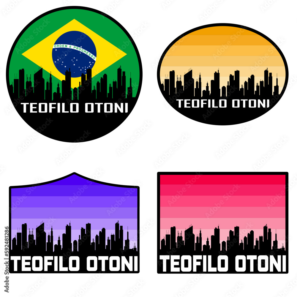 Teofilo Otoni Skyline Silhouette Brazil Flag Travel Souvenir Sticker Sunset Background Vector Illustration SVG EPS AI