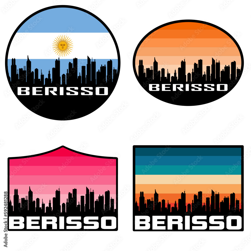 Berisso Skyline Silhouette Argentina Flag Travel Souvenir Sticker Sunset Background Vector Illustration SVG EPS AI