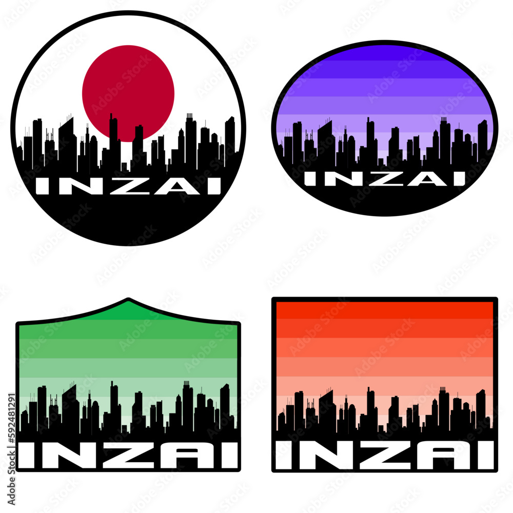 Inzai Skyline Silhouette Japan Flag Travel Souvenir Sticker Sunset Background Vector Illustration SVG EPS AI