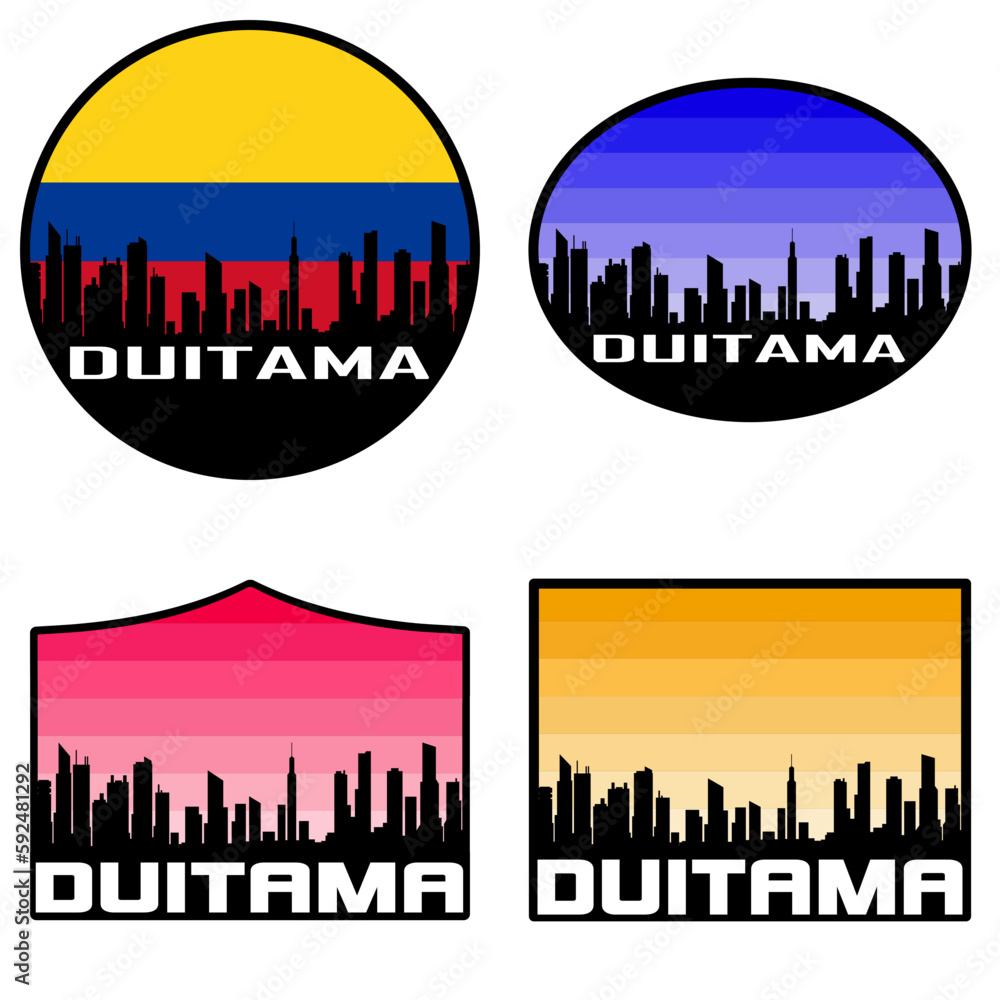Duitama Skyline Silhouette Colombia Flag Travel Souvenir Sticker Sunset Background Vector Illustration SVG EPS AI