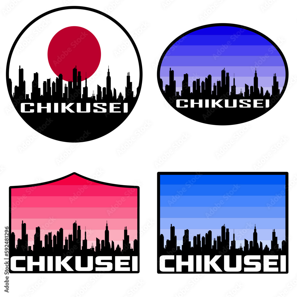 Chikusei Skyline Silhouette Japan Flag Travel Souvenir Sticker Sunset Background Vector Illustration SVG EPS AI