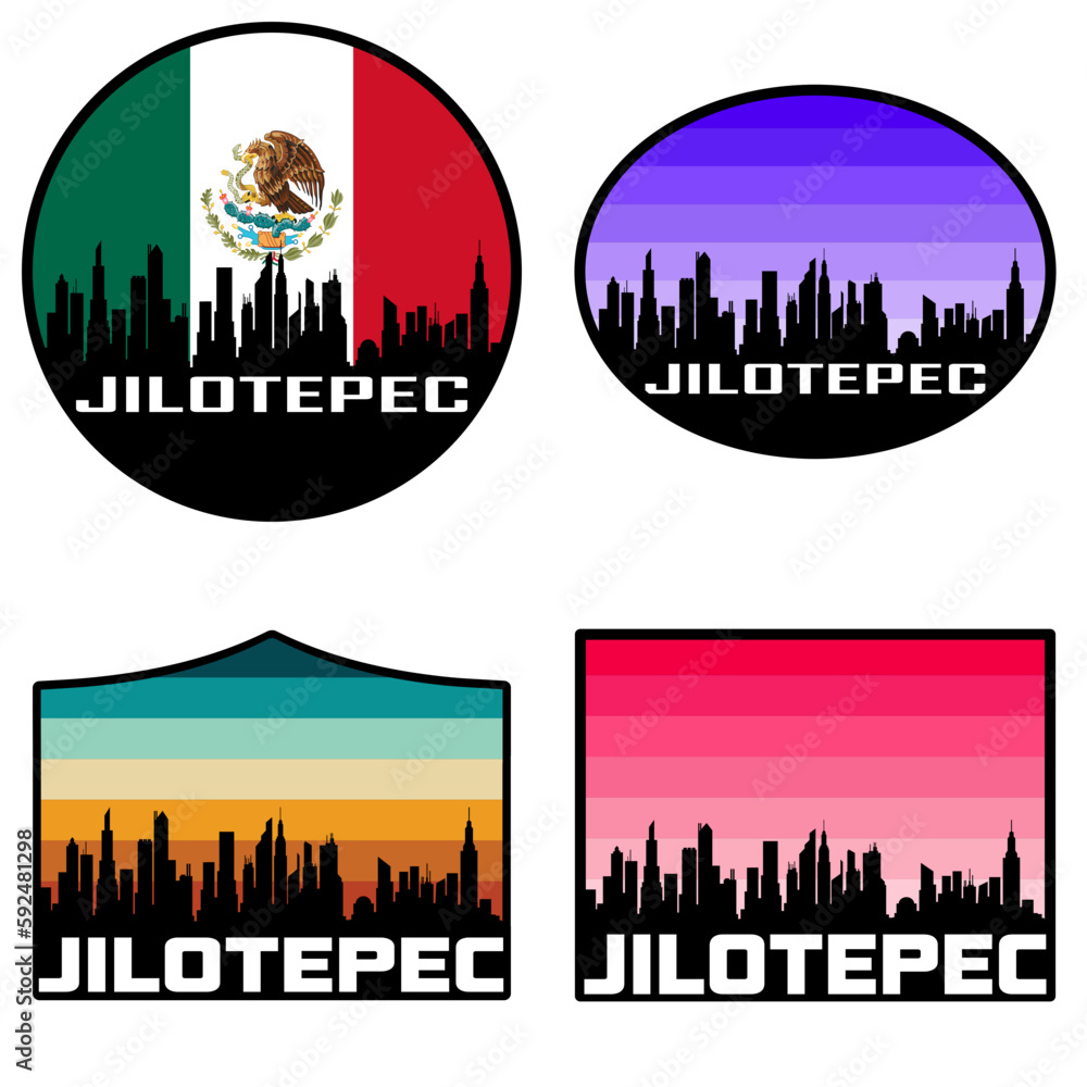 Jilotepec Skyline Silhouette Mexico Flag Travel Souvenir Sticker Sunset Background Vector Illustration SVG EPS AI