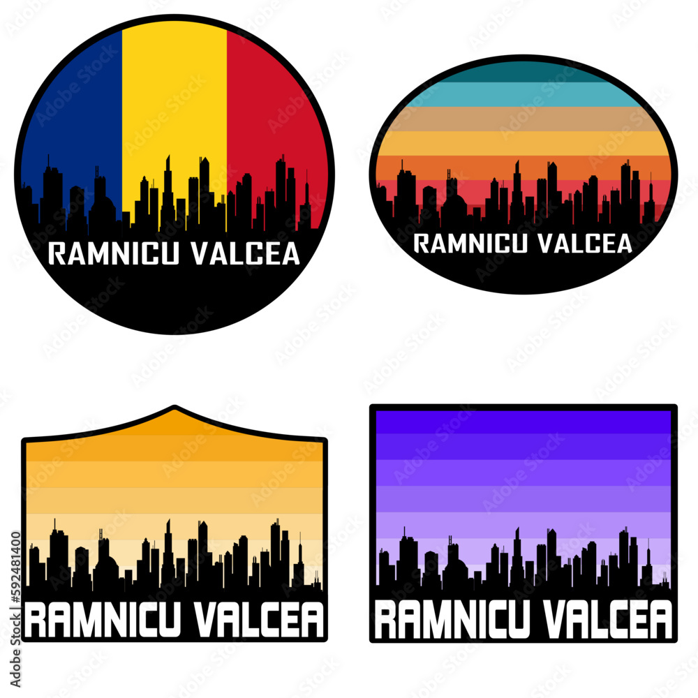 Ramnicu Valcea Skyline Silhouette Romania Flag Travel Souvenir Sticker Sunset Background Vector Illustration SVG EPS AI