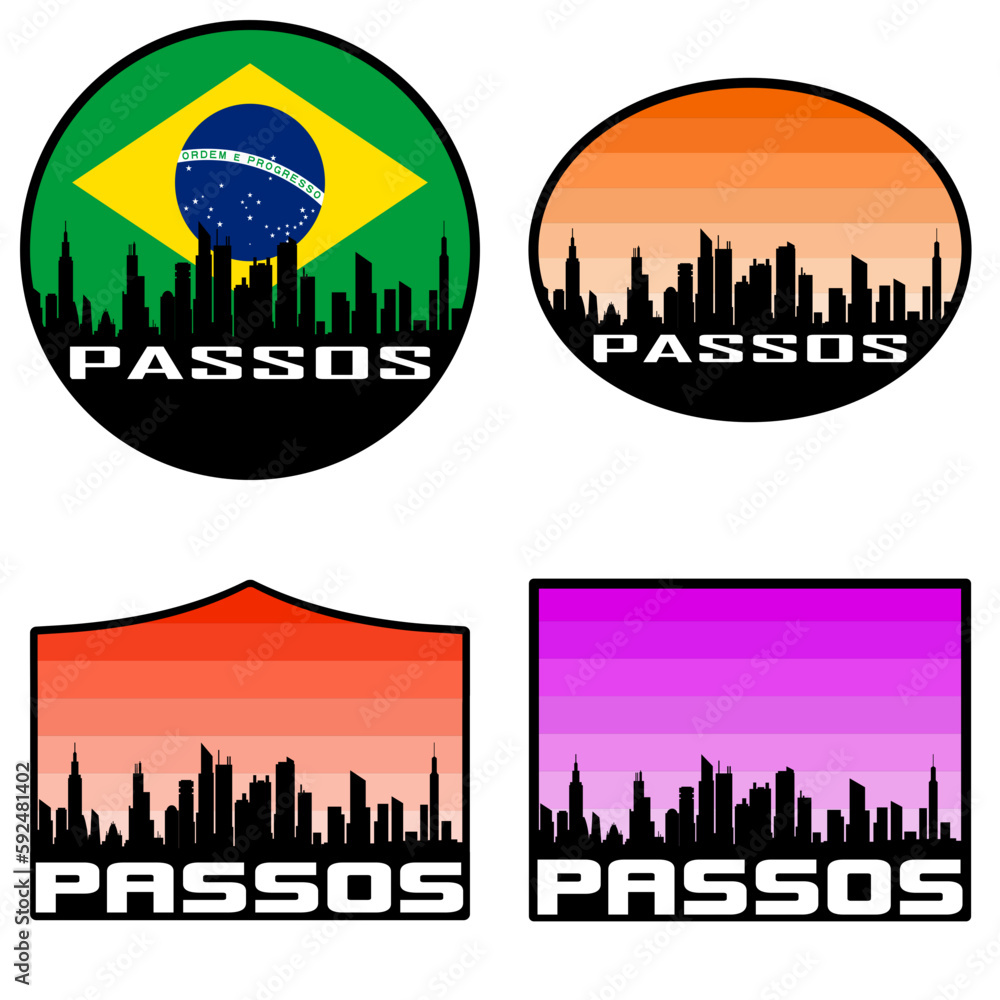 Passos Skyline Silhouette Brazil Flag Travel Souvenir Sticker Sunset Background Vector Illustration SVG EPS AI