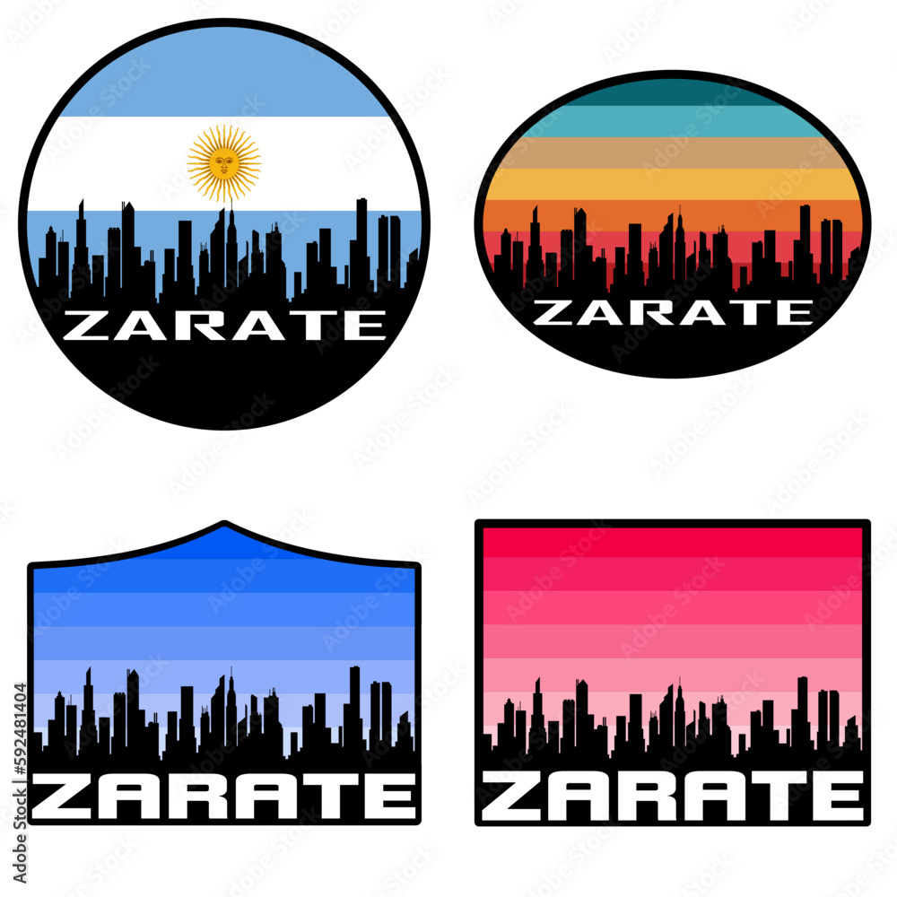 Zarate Skyline Silhouette Argentina Flag Travel Souvenir Sticker Sunset Background Vector Illustration SVG EPS AI