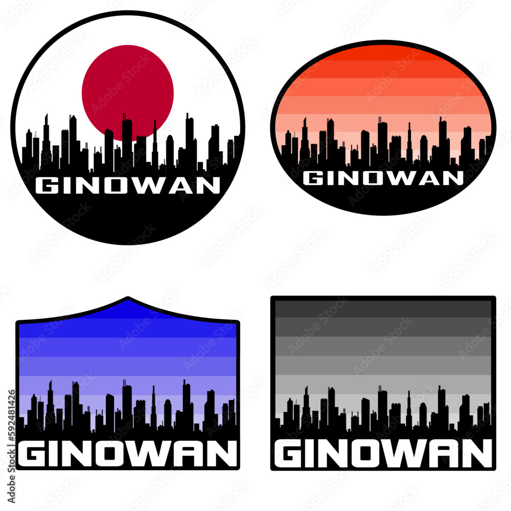 Ginowan Skyline Silhouette Japan Flag Travel Souvenir Sticker Sunset Background Vector Illustration SVG EPS AI