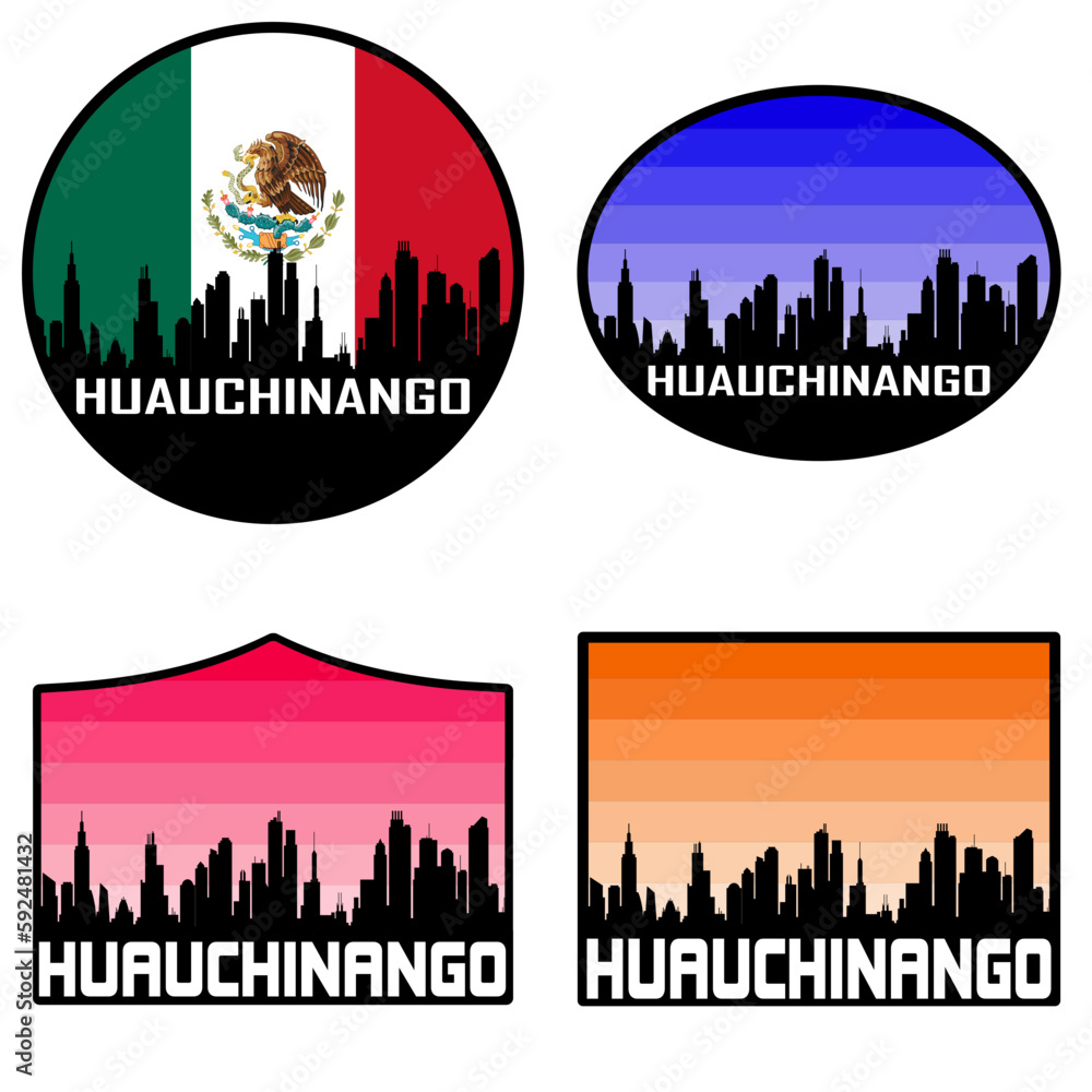 Huauchinango Skyline Silhouette Mexico Flag Travel Souvenir Sticker Sunset Background Vector Illustration SVG EPS AI