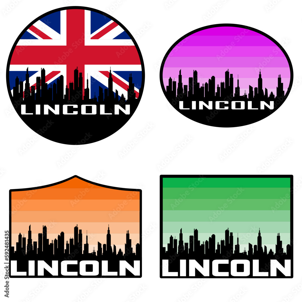 Fototapeta premium Lincoln Skyline Silhouette Uk Flag Travel Souvenir Sticker Sunset Background Vector Illustration SVG EPS AI