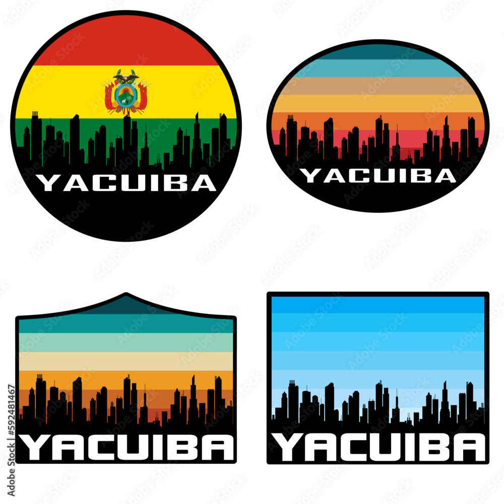 Yacuiba Skyline Silhouette Bolivia Flag Travel Souvenir Sticker Sunset Background Vector Illustration SVG EPS AI
