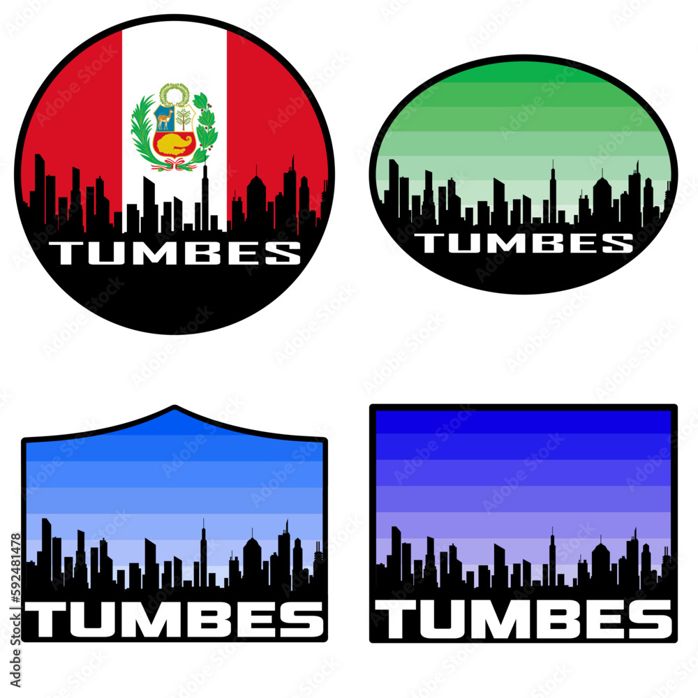 Tumbes Skyline Silhouette Peru Flag Travel Souvenir Sticker Sunset Background Vector Illustration SVG EPS AI
