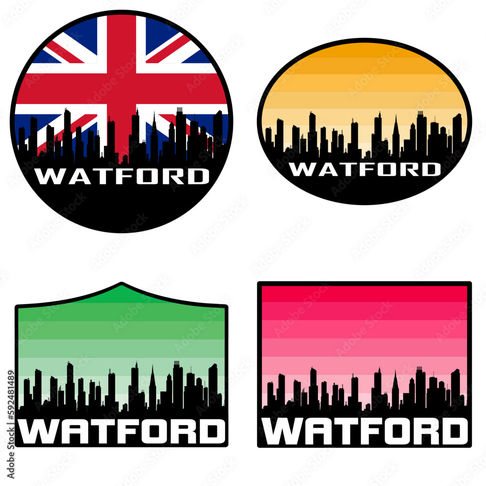 Watford Skyline Silhouette Uk Flag Travel Souvenir Sticker Sunset Background Vector Illustration SVG EPS AI