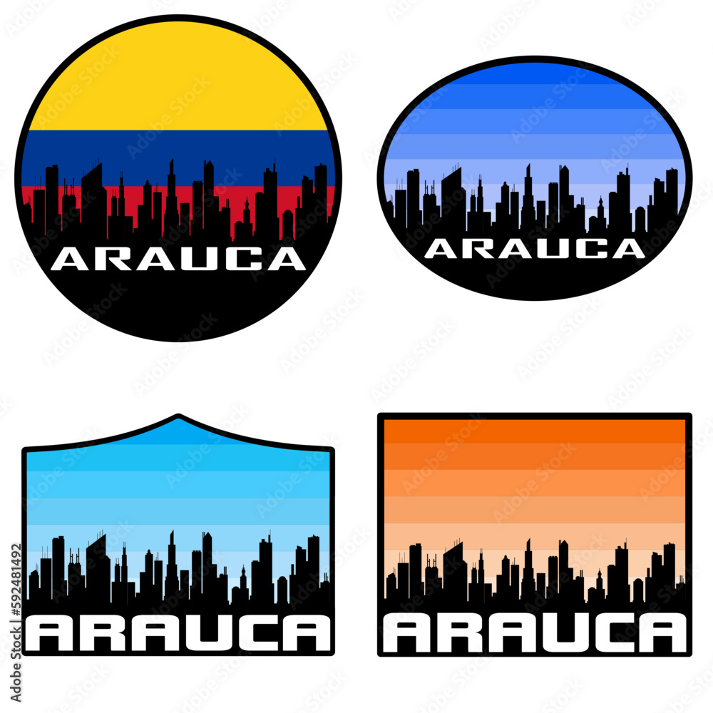 Arauca Skyline Silhouette Colombia Flag Travel Souvenir Sticker Sunset Background Vector Illustration SVG EPS AI