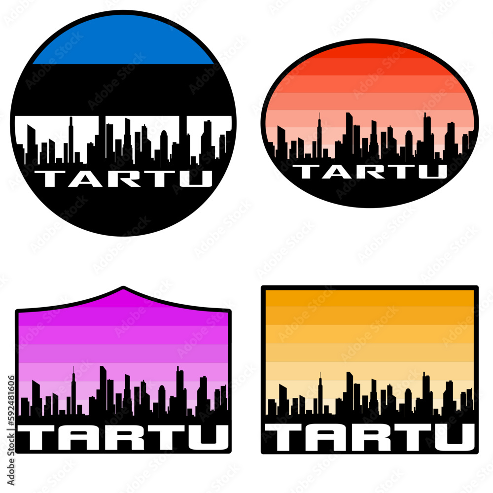 Tartu Skyline Silhouette Estonia Flag Travel Souvenir Sticker Sunset Background Vector Illustration SVG EPS AI
