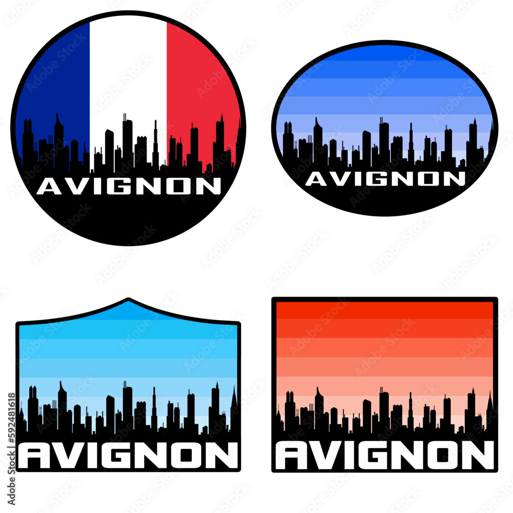 Avignon Skyline Silhouette France Flag Travel Souvenir Sticker Sunset Background Vector Illustration SVG EPS AI