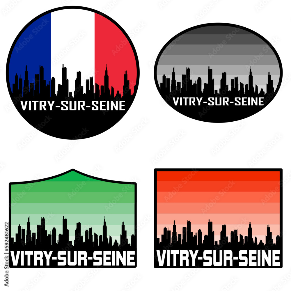 Vitry sur Seine Skyline Silhouette France Flag Travel Souvenir Sticker Sunset Background Vector Illustration SVG EPS AI