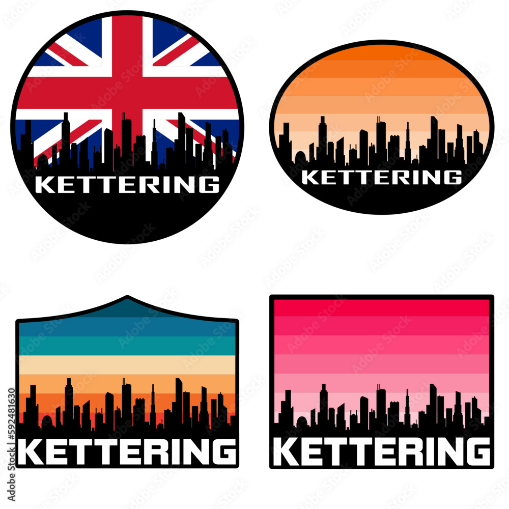 Kettering Skyline Silhouette Uk Flag Travel Souvenir Sticker Sunset Background Vector Illustration SVG EPS AI