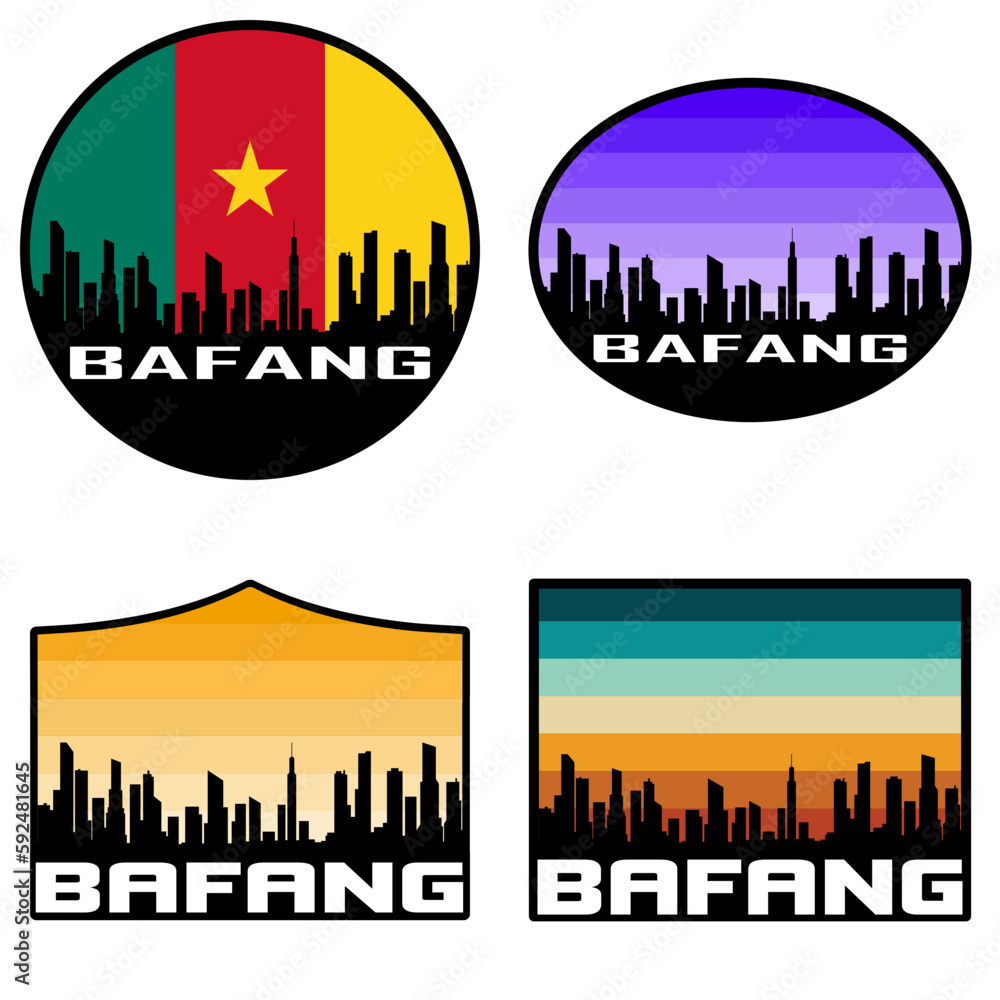 Bafang Skyline Silhouette Cameroon Flag Travel Souvenir Sticker Sunset Background Vector Illustration SVG EPS AI