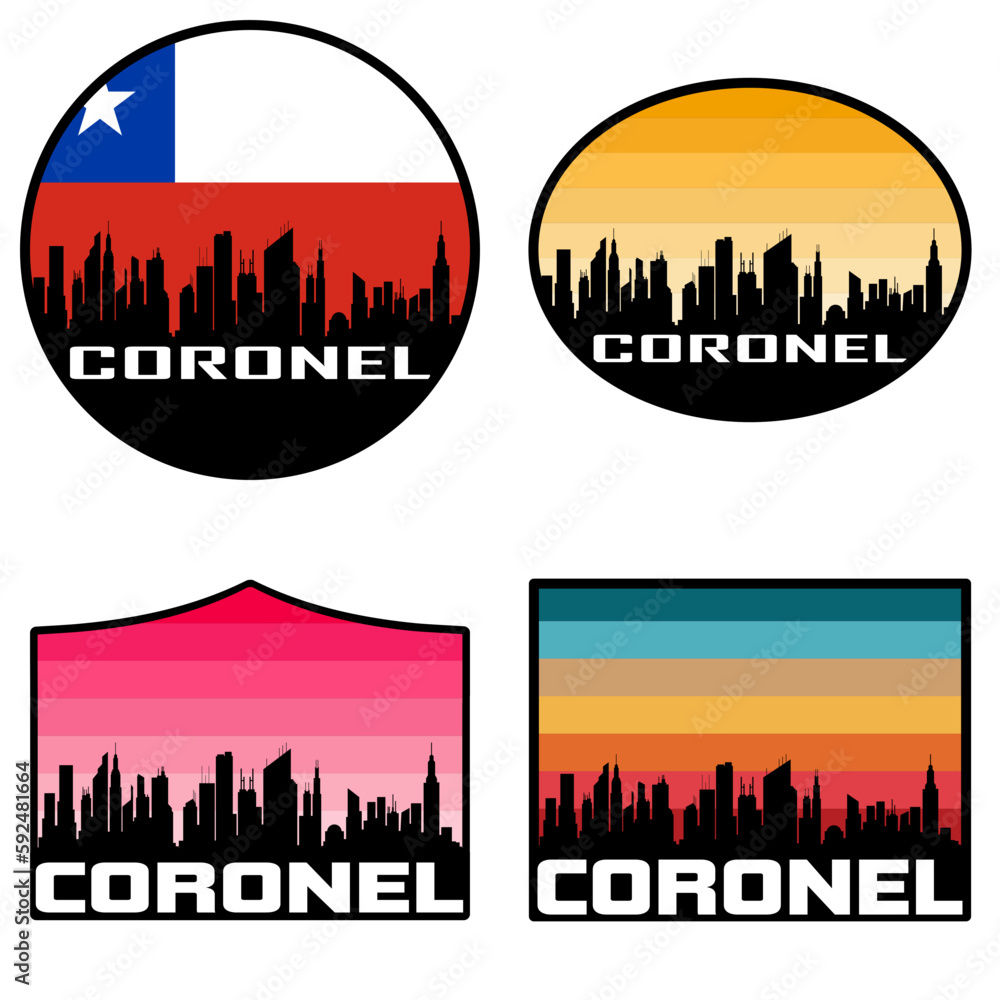 Obraz premium Coronel Skyline Silhouette Chile Flag Travel Souvenir Sticker Sunset Background Vector Illustration SVG EPS AI
