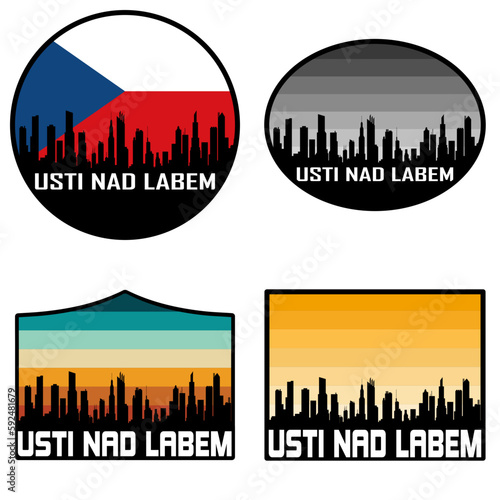 Usti nad Labem Skyline Silhouette Czech Flag Travel Souvenir Sticker Sunset Background Vector Illustration SVG EPS AI