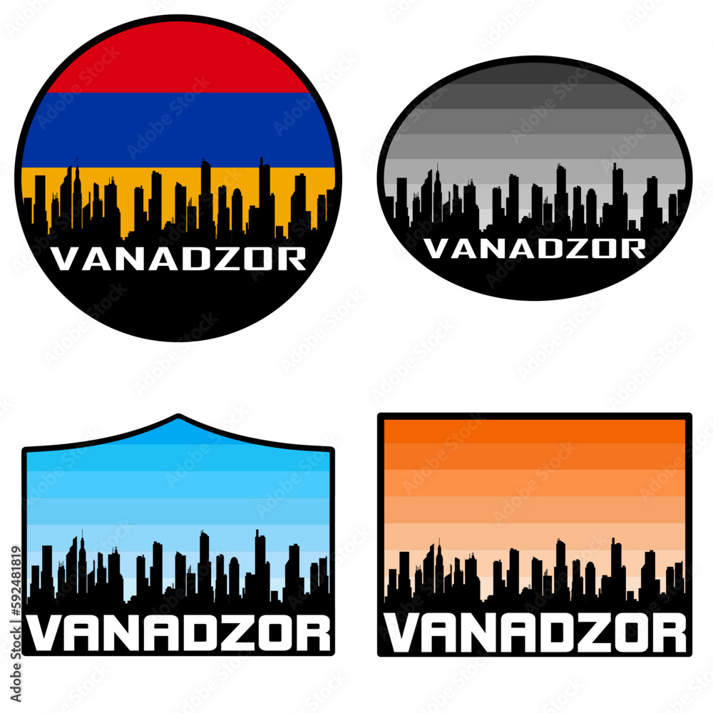 Vanadzor Skyline Silhouette Armenia Flag Travel Souvenir Sticker Sunset Background Vector Illustration SVG EPS AI