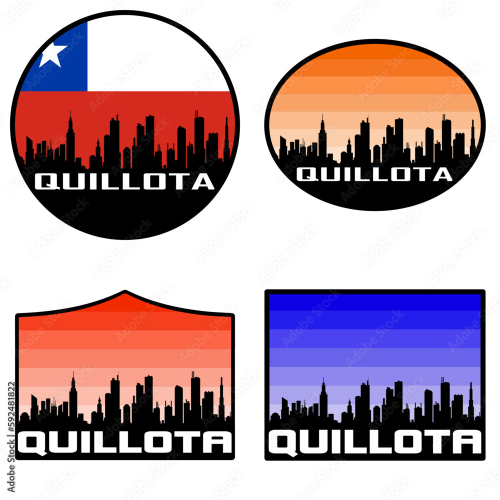 Quillota Skyline Silhouette Chile Flag Travel Souvenir Sticker Sunset Background Vector Illustration SVG EPS AI
