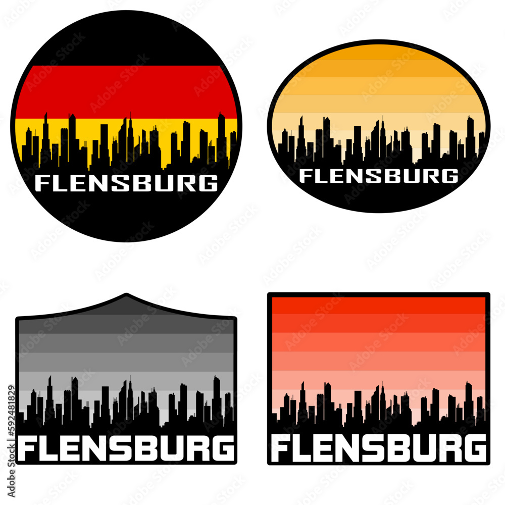 Flensburg Skyline Silhouette Germany Flag Travel Souvenir Sticker Sunset Background Vector Illustration SVG EPS AI
