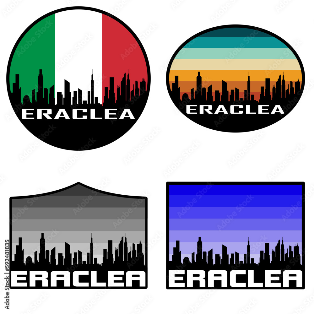 Eraclea Skyline Silhouette Italy Flag Travel Souvenir Sticker Sunset Background Vector Illustration SVG EPS AI