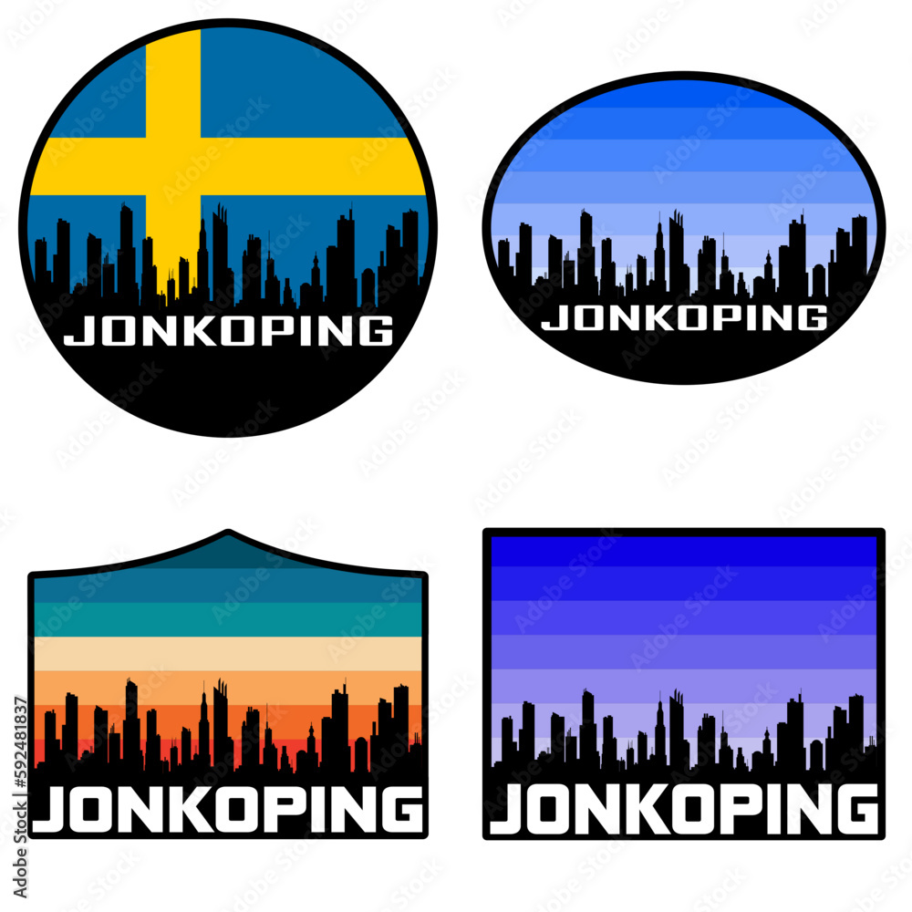 Jonkoping Skyline Silhouette Sweden Flag Travel Souvenir Sticker Sunset Background Vector Illustration SVG EPS AI