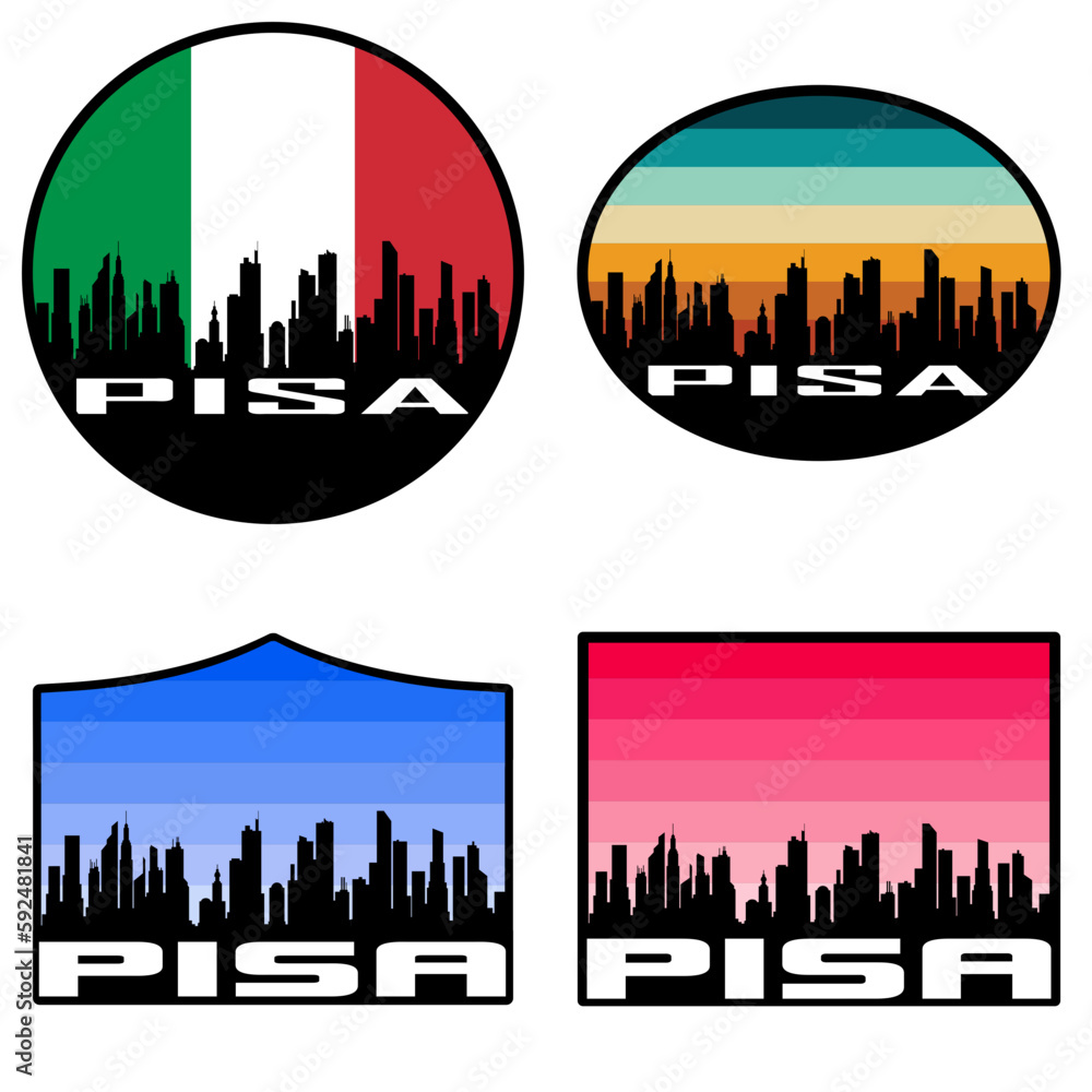 Pisa Skyline Silhouette Italy Flag Travel Souvenir Sticker Sunset Background Vector Illustration SVG EPS AI