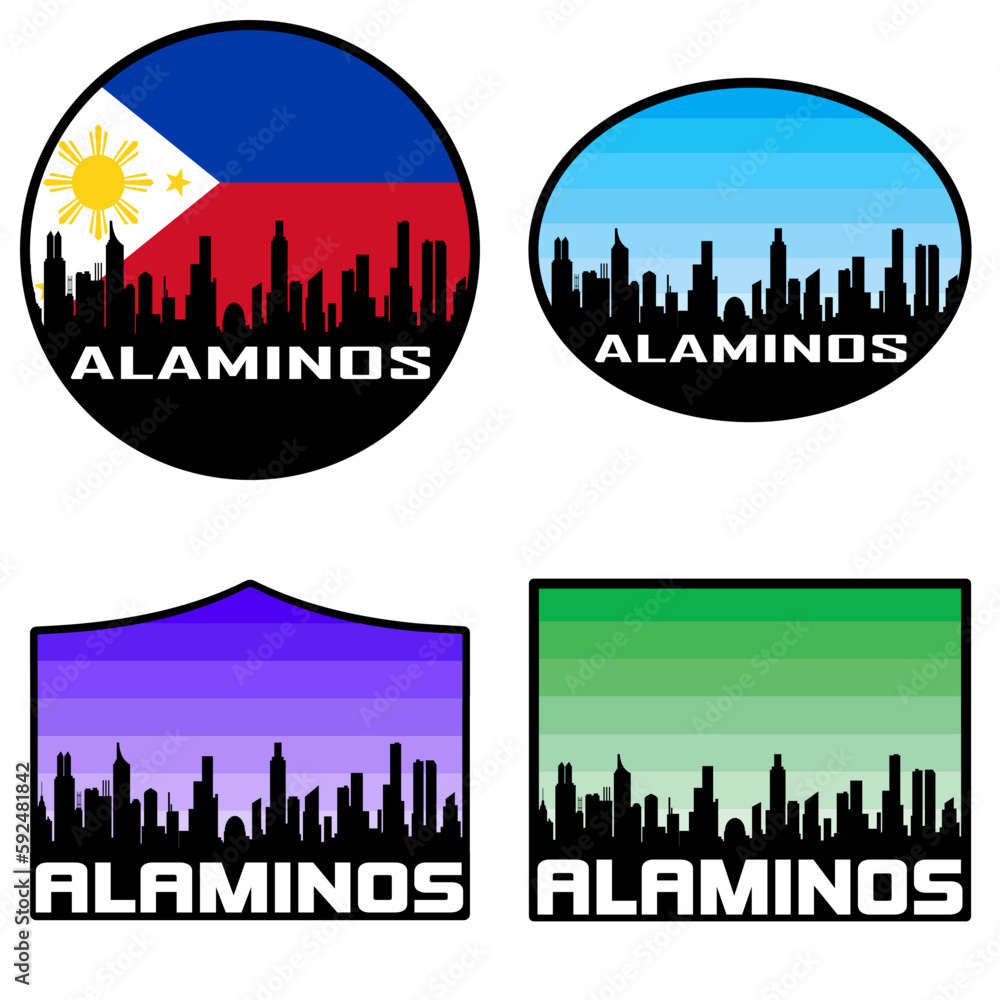 Alaminos Skyline Silhouette Philippines Flag Travel Souvenir Sticker Sunset Background Vector Illustration SVG EPS AI