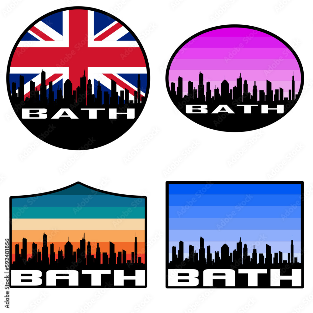 Bath Skyline Silhouette Uk Flag Travel Souvenir Sticker Sunset Background Vector Illustration SVG EPS AI