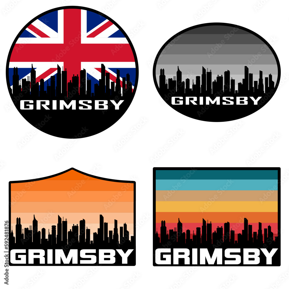 Grimsby Skyline Silhouette Uk Flag Travel Souvenir Sticker Sunset Background Vector Illustration SVG EPS AI