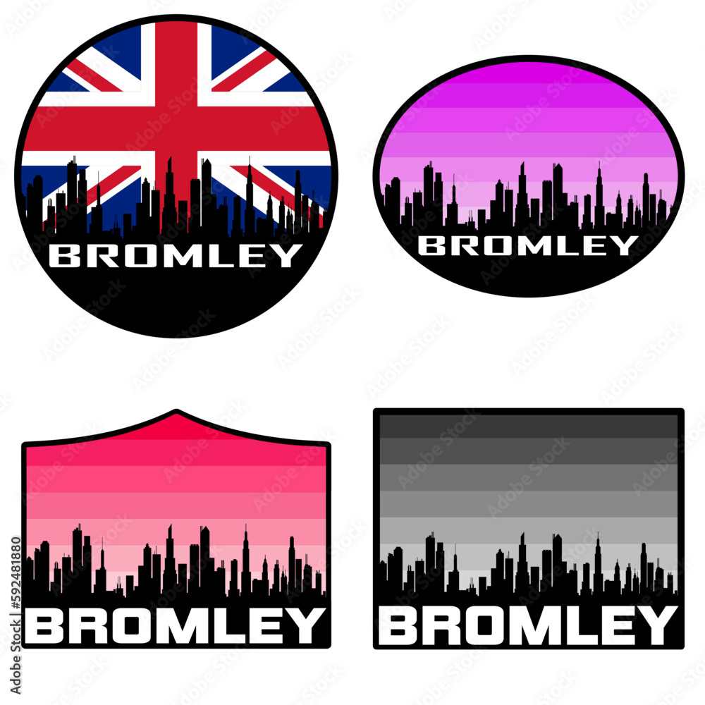 Bromley Skyline Silhouette Uk Flag Travel Souvenir Sticker Sunset Background Vector Illustration SVG EPS AI