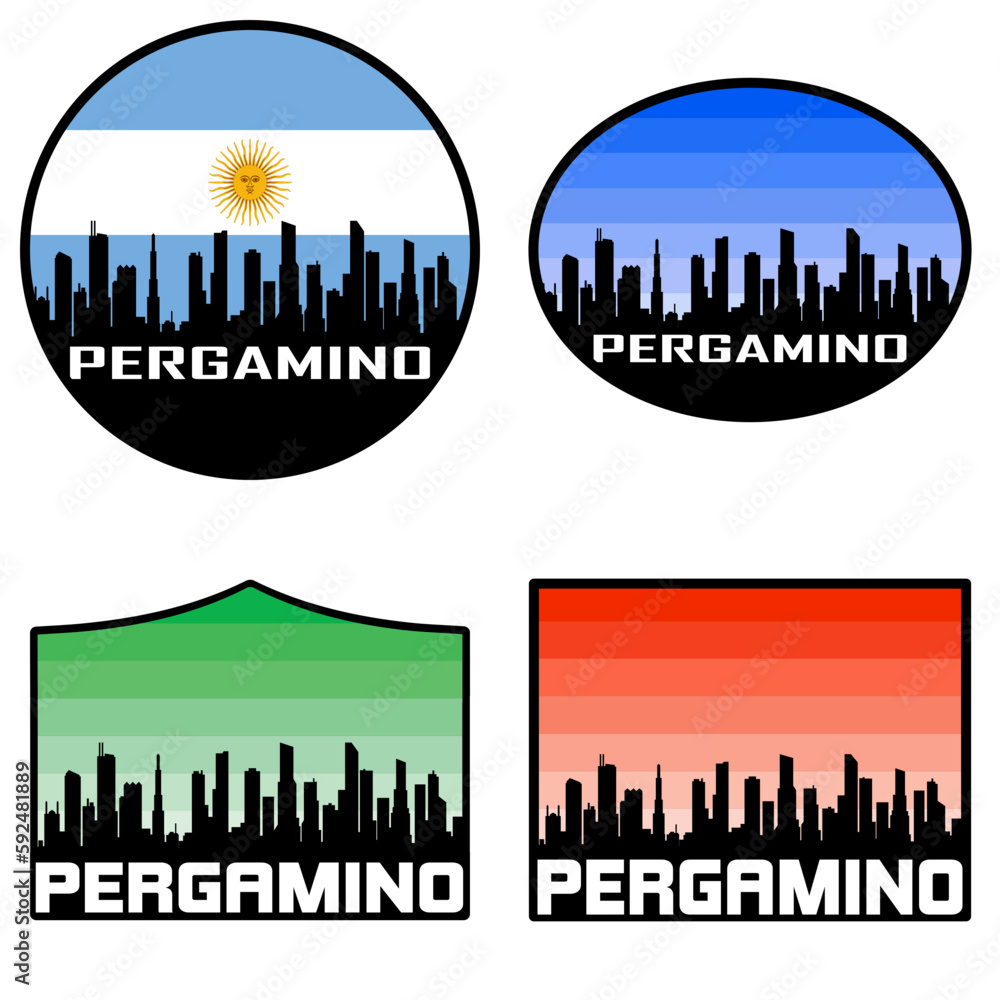 Obraz premium Pergamino Skyline Silhouette Argentina Flag Travel Souvenir Sticker Sunset Background Vector Illustration SVG EPS AI