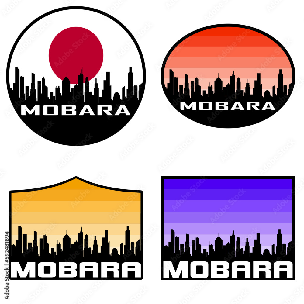 Mobara Skyline Silhouette Japan Flag Travel Souvenir Sticker Sunset Background Vector Illustration SVG EPS AI