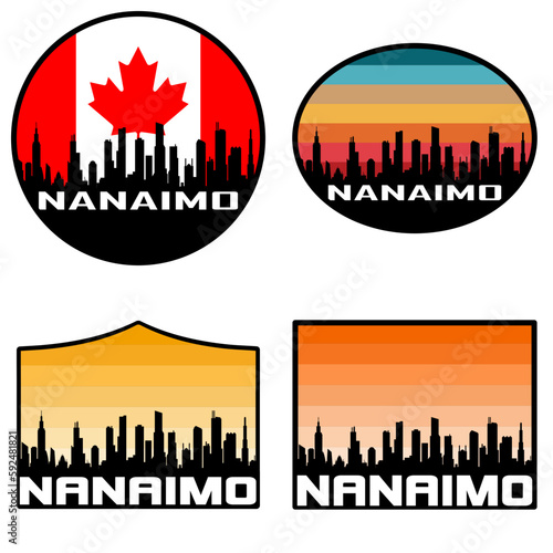 Nanaimo Skyline Silhouette Canada Flag Travel Souvenir Sticker Sunset Background Vector Illustration SVG EPS AI